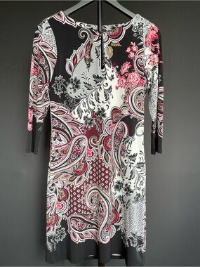 WHBM White House Black Market Paisley Floral Bodycon Midi Dress Keyhole 3/4 S